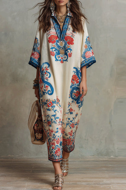 Unique Print Loose V-Neck Casual Slit Maxi Dress