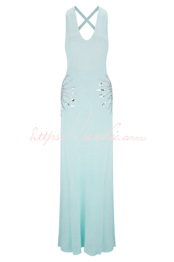 Sparkling Nights Knit Sunburst Sequin Detail Back Cross Straps Stretch Maxi Dress