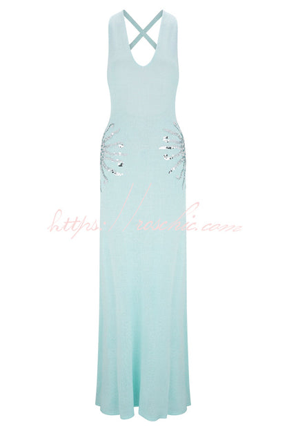 Sparkling Nights Knit Sunburst Sequin Detail Back Cross Straps Stretch Maxi Dress