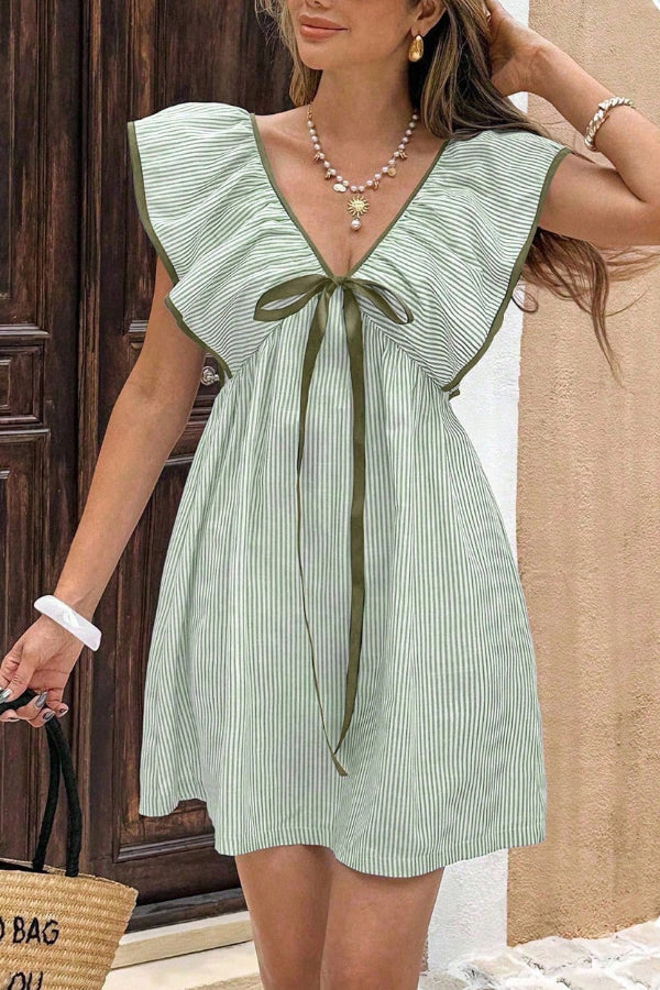 Striped Print Loose V-neck Tie Bow Casual Mini Dress
