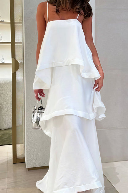 Vestido largo blanco fluido de tirantes con volantes