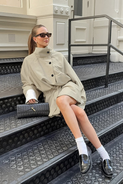 Tailored Stand Collar Tie Waist Slim A Line Mini Dress