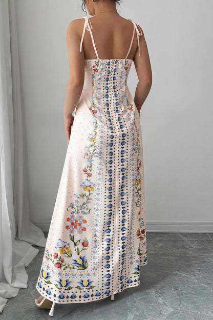 Elegante vestido largo sin mangas con tirantes finos y estampado floral único