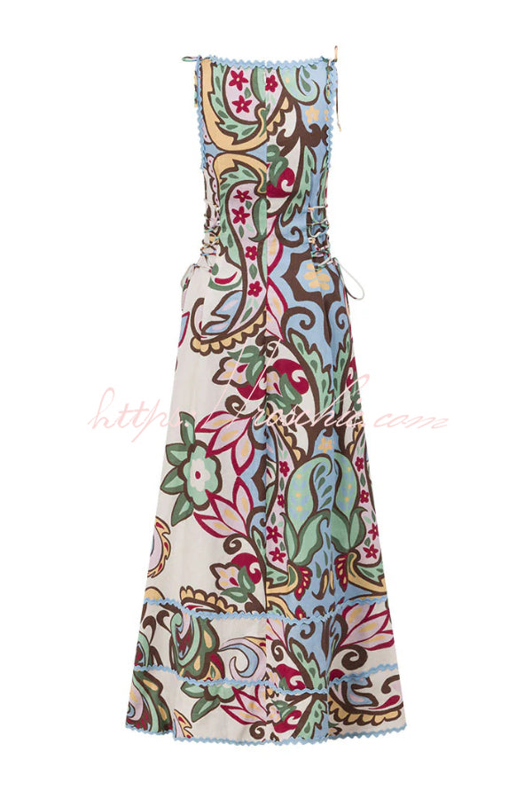 Unique Botanical Print Serrated Trim Round Neck Sleeveless Tie Casual Maxi Dress