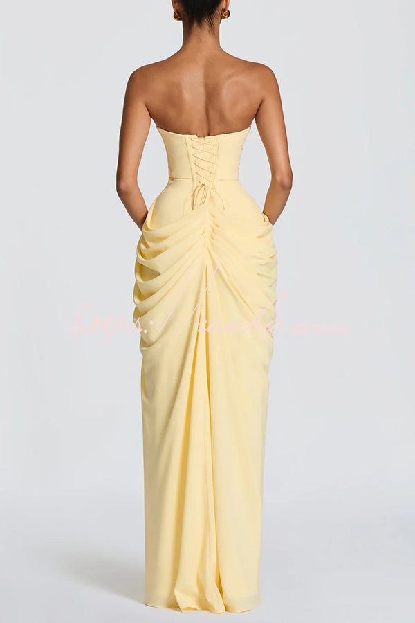 Cyra Back Lace-up Asymmetrical Pleats Strapless Slit Maxi Dress（Buy 2 Get Free Shipping）