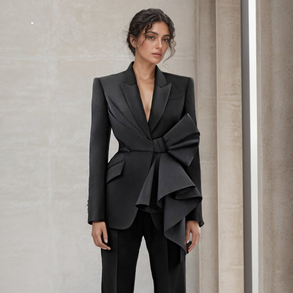 Temperament Black Notched Collar Long Sleeve Spliced Diamonds  Slimming Blazer