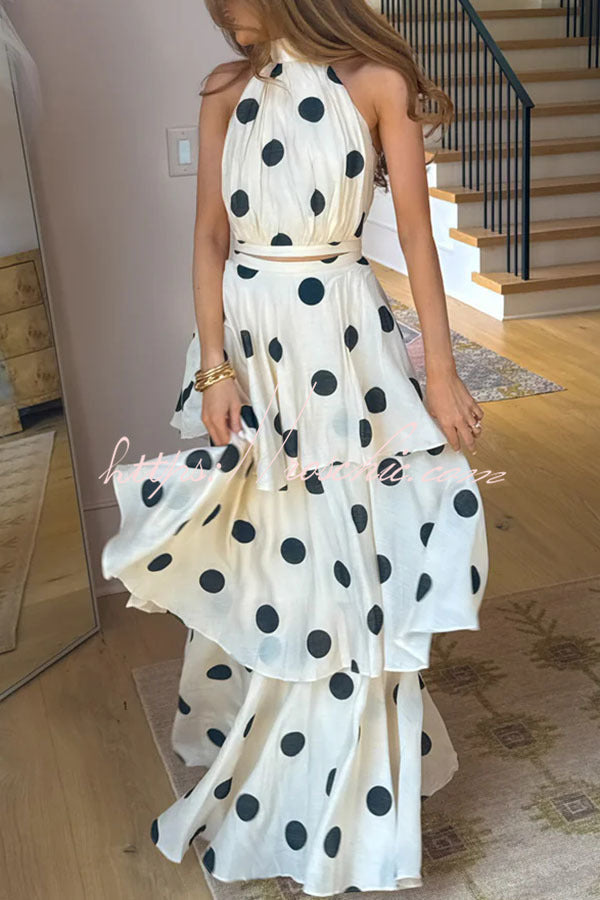 Gift To You Polka Dot Print High Neck Sleeveless Top and Layered Hem Maxi Skirt Set