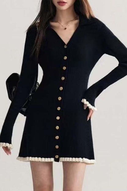 Vestido suéter negro con cuello en V de contraste