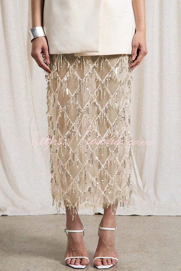Fashionable Mesh See-through Sequined Tassel Midi Skirt