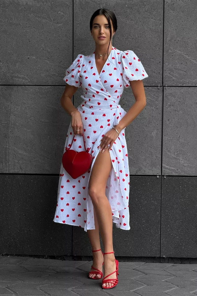 Vestido midi con estampado de algodón y mangas abullonadas