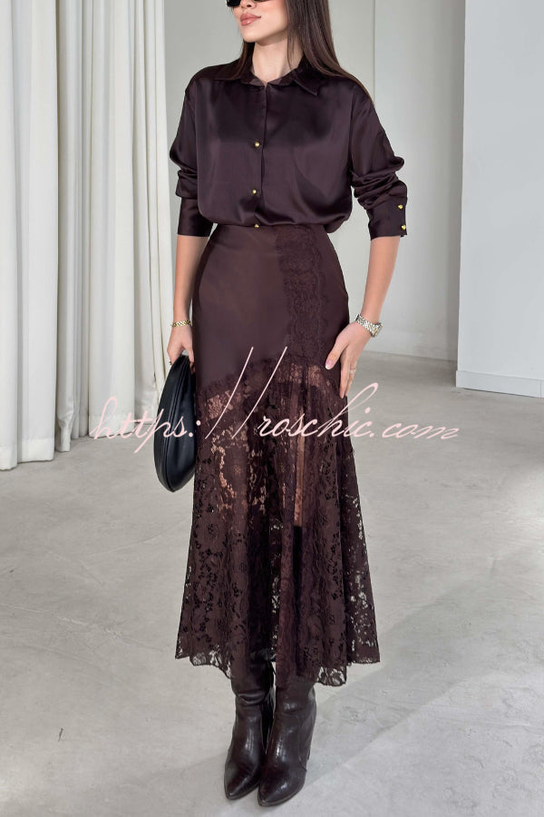 Solid Color Silk Satin and Lace Spliced elegant Maxi Skirt