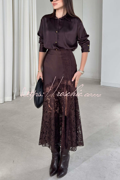 Solid Color Silk Satin and Lace Spliced elegant Maxi Skirt