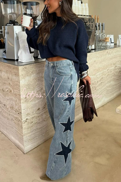 Jessy Denim Mid Rise Side Star Pattern Pocket Wide Leg Jeans (Shipped Within 24 Hours)