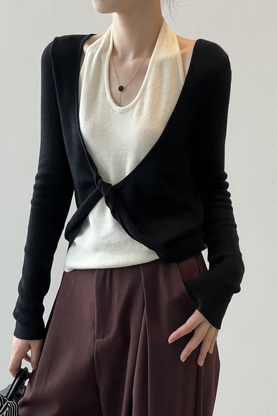 Camiseta de manga larga tipo halter con capas de patchwork