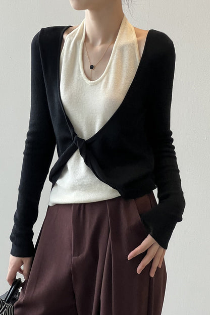 Camiseta de manga larga tipo halter con capas de patchwork