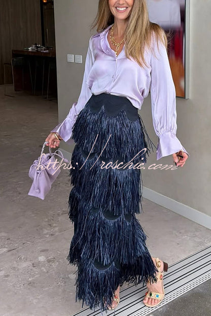 Freestyle Dance Steps Layered Tassels High Rise Back Zipper Slit Maxi Skirt