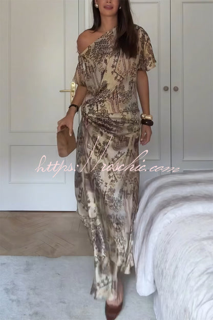 Cassie Satin Unique Print One Shoulder Ruched Waist Asymmetrical Hem Maxi Dress