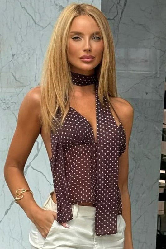 Top Cami Con Estampado de Lunares, Escote en V Profundo y Lazos