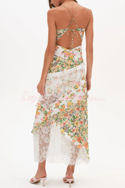 Fashionable Floral Print Lace Patchwork Hollow-out Slim Fit Vacation Ruffle Maxi Dress