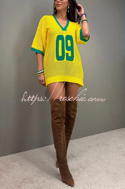 World Cup Digital Jacquard Loose V-neck Short-sleeved Knit Top