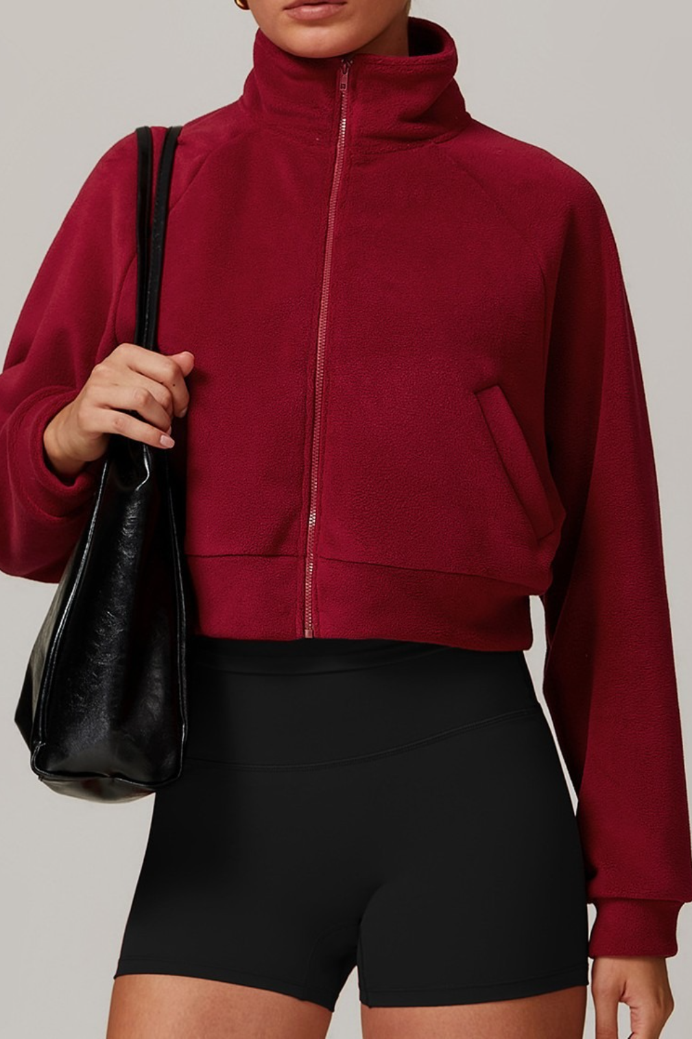 Chaqueta de yoga con forro polar, cuello alto, cremallera, cálida y cortavientos