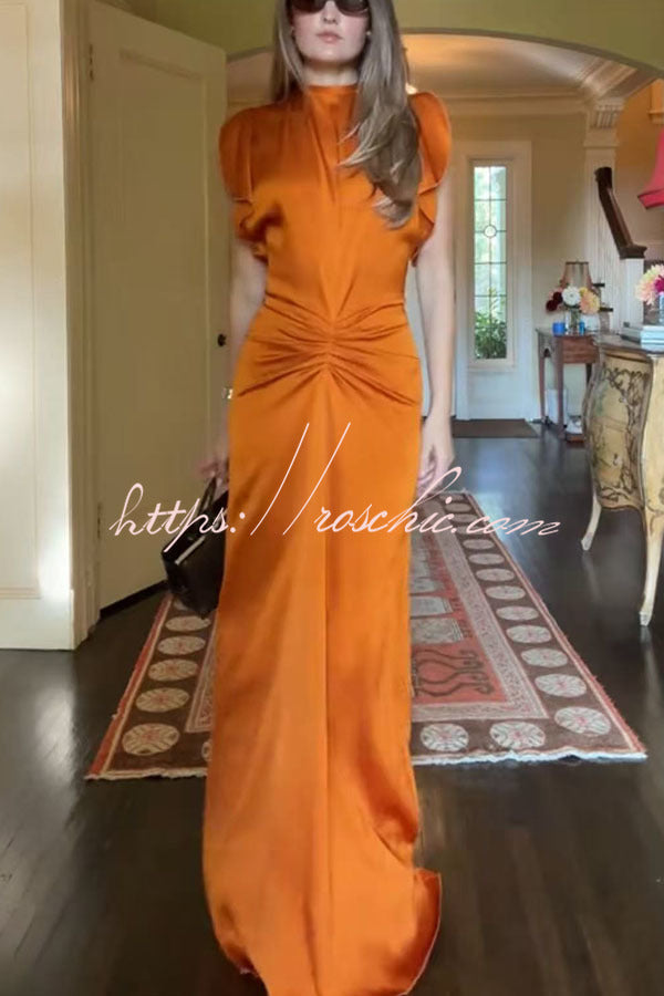 Isabella Satin Short Sleeve Ruched Waist V-shape Back Gown Maxi Dress