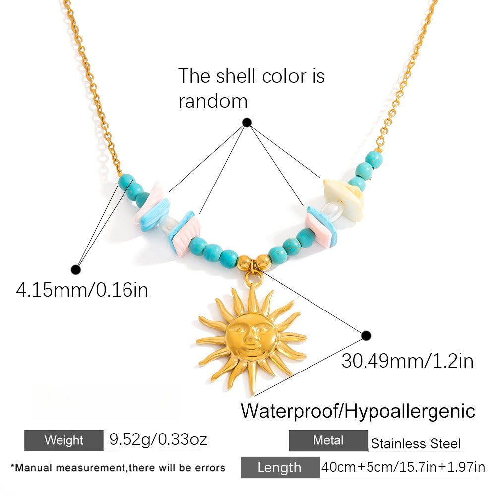 Collar de acero inoxidable con perla, estrella de mar y sol de piedra natural