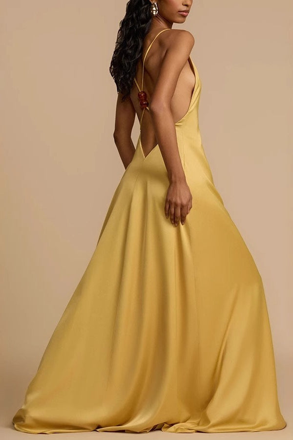 Satin Deep V Backless Maxi  Silk Dress