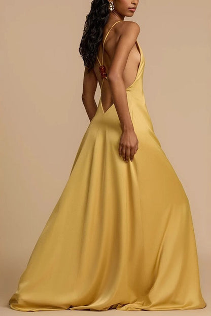 Satin Deep V Backless Maxi  Silk Dress