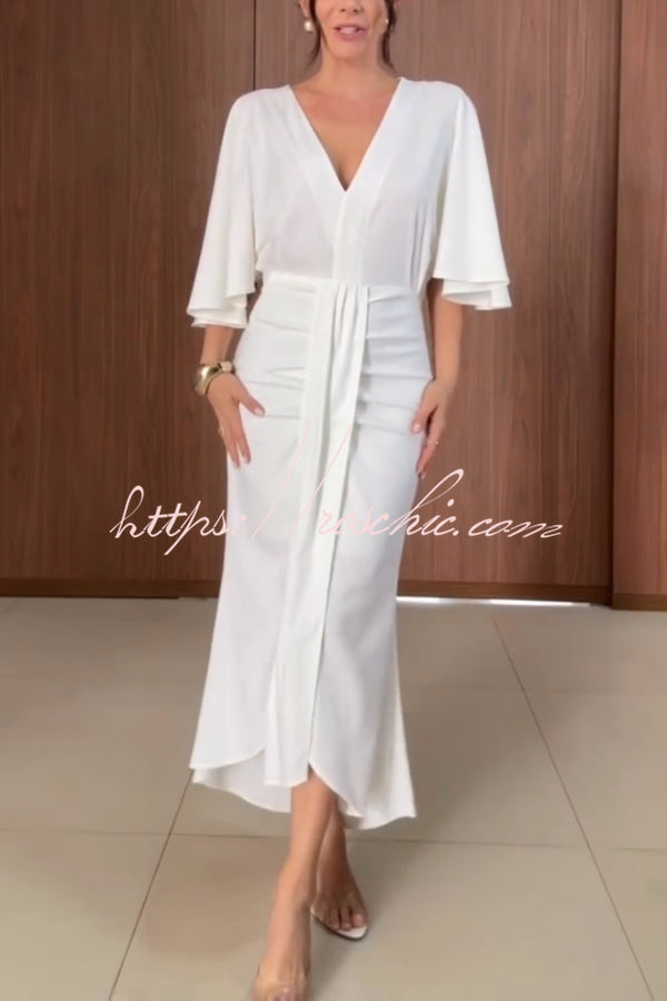 Solid Color V-neck Ribbon Waist-cinching Casual Maxi Dress