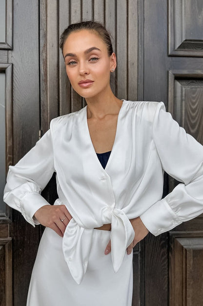 Conjunto de falda de manga larga y top con cuello de pico y lazo, tipo satén-acetato