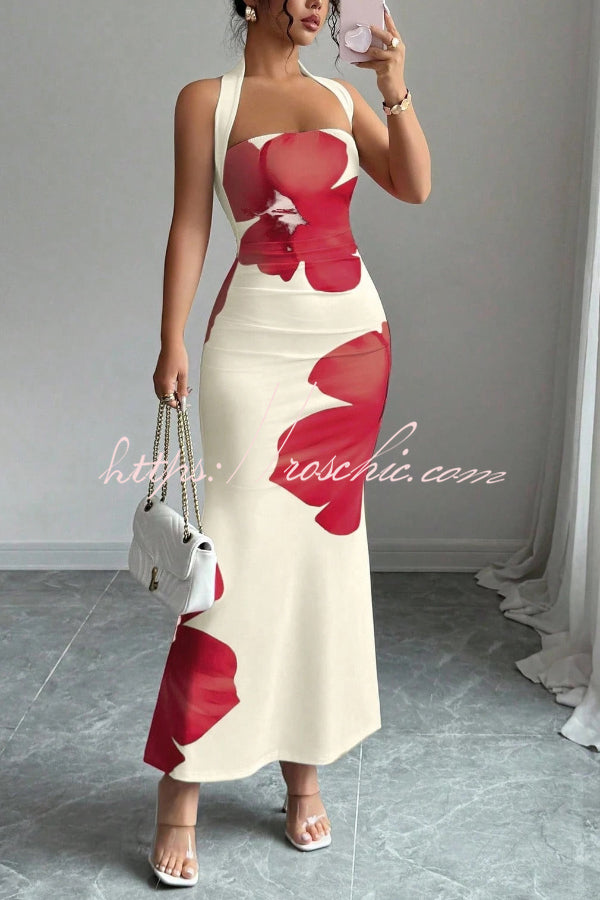 Floral Print Halter Neck Backless Slim-fit Maxi Dress