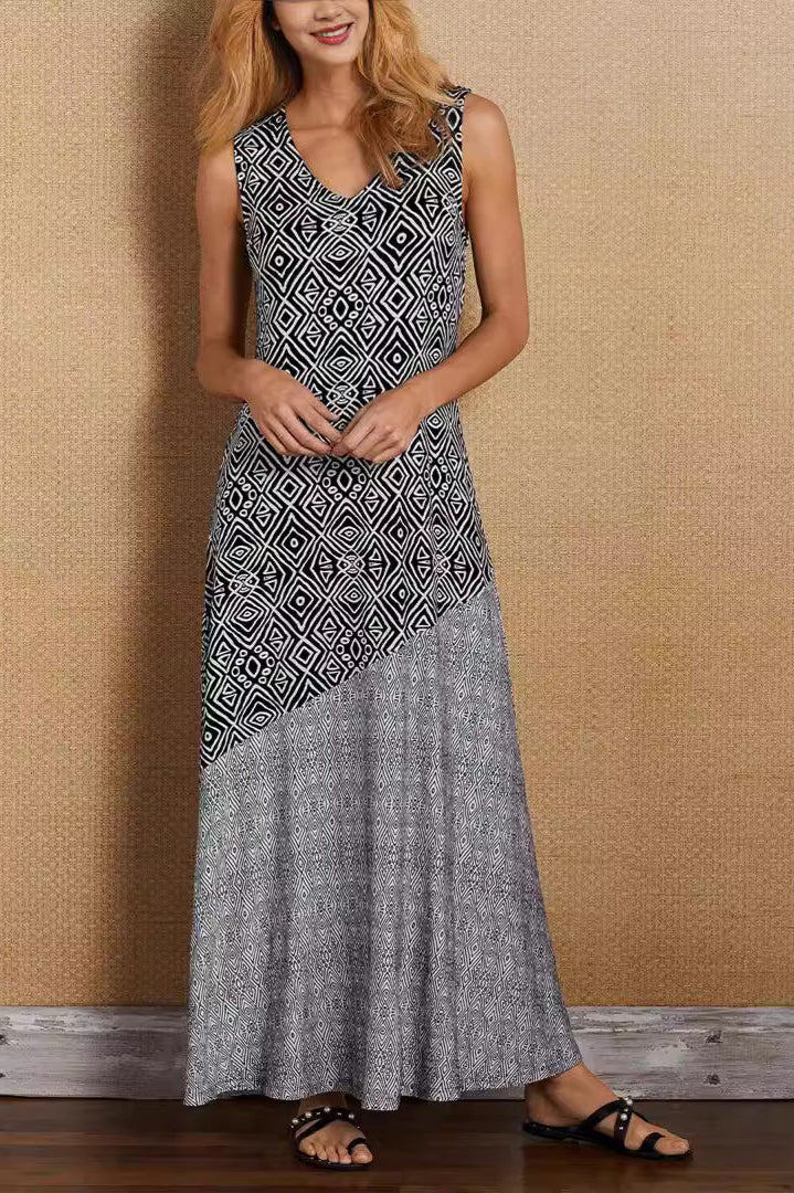 Vestido Boho Vintage Bohemio Estampado con Empalmes