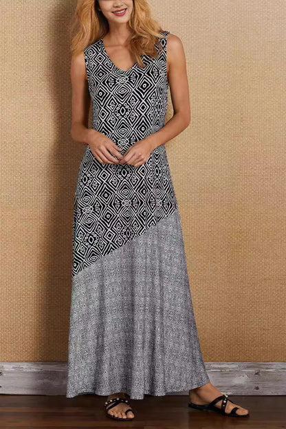 Vestido Boho Vintage Bohemio Estampado con Empalmes
