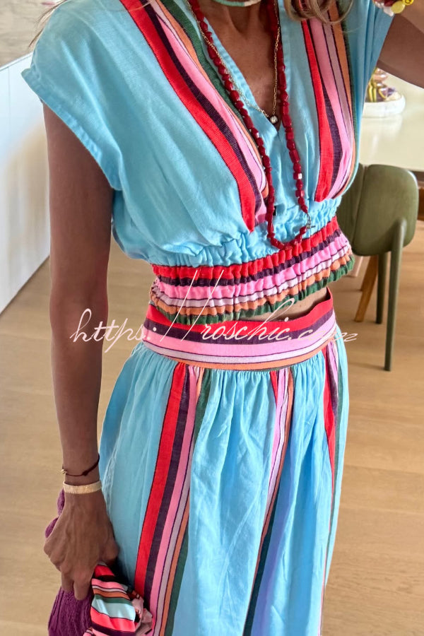 Stylish Striped Print V-neck Cropped Top and Elastic Waist Casual Maxi Skirt Set