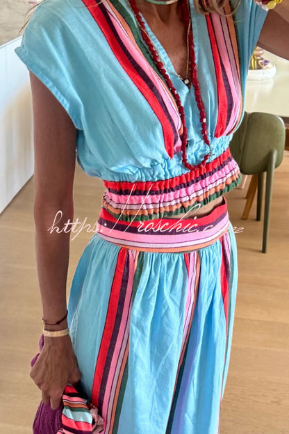 Stylish Striped Print V-neck Cropped Top and Elastic Waist Casual Maxi Skirt Set