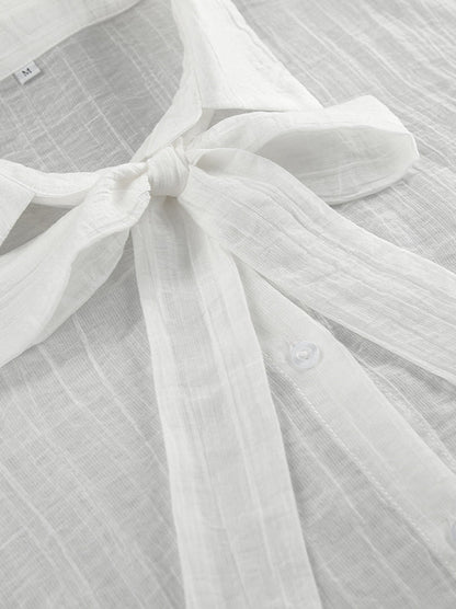 White Tencel Loose Bow Tie Bell Sleeve Blouse