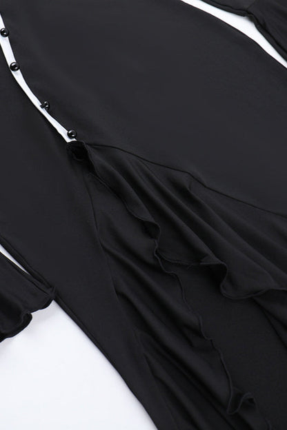 Diamond Collar Contrast Trim Ruffle Sleeve Midi Party Dress