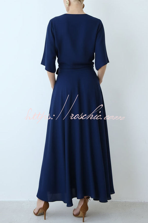 Modern and Elegant Satin Half Wide Sleeve Wrap Style Pocket Slit Loose Maxi Dress