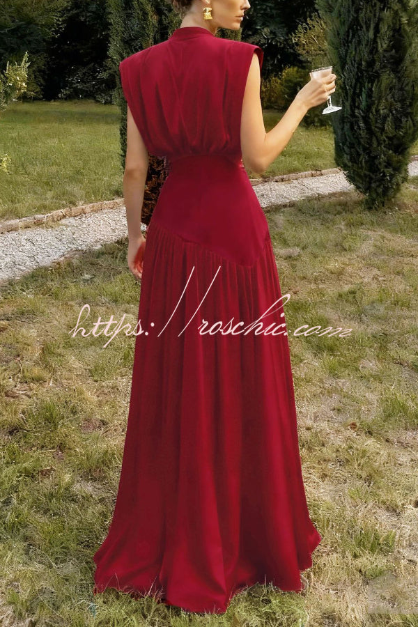 Elegant V-neck Sleeveless Fitted Waist High Slit Vacation Maxi Dress