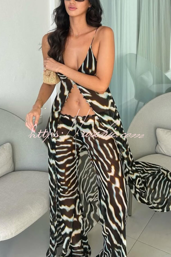 Zebra Print V-neck Camisole Long Mesh Top