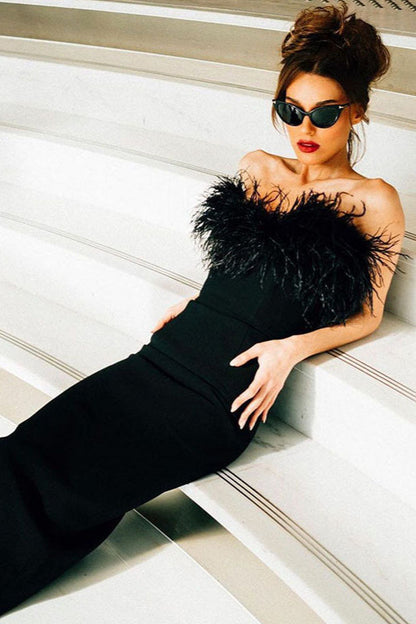 Strapless V-Neck Feathered Mermaid Party  Dress