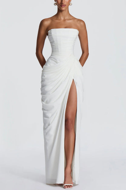 Cyra Back Lace-up Asymmetrical Pleats Strapless Slit Maxi Dress（Buy 2 Get Free Shipping）