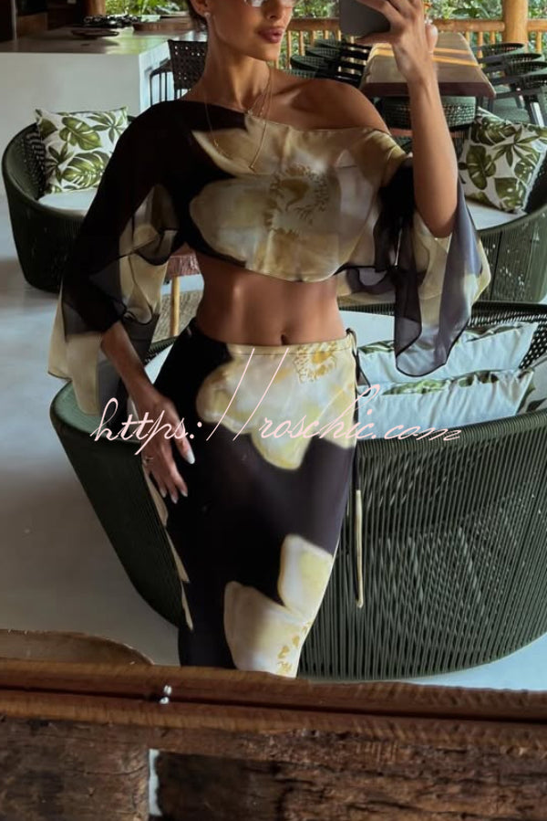 Floral Print Off-shoulder Long-sleeved Loose Top and Elegant Drawstring Maxi Skirt Set