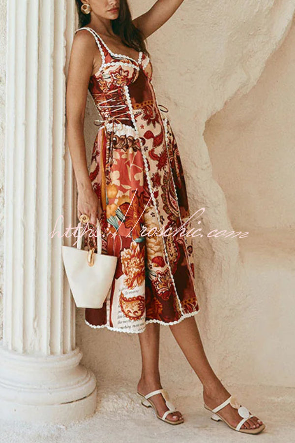Unique Printed Floral Trim Suspender Side Tie Vacation Midi Dress