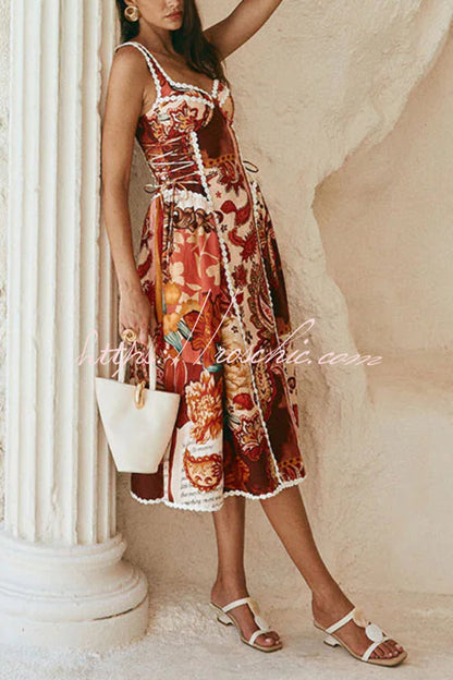 Unique Printed Floral Trim Suspender Side Tie Vacation Midi Dress