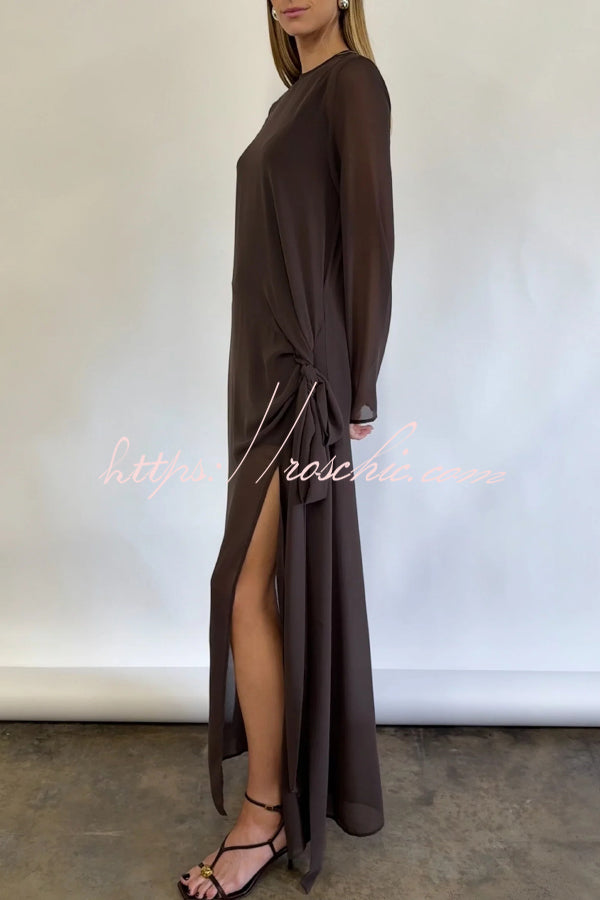 Fashionable Mesh See-through Round Neck Long Sleeve Tie Bow Slit Maxi Dress
