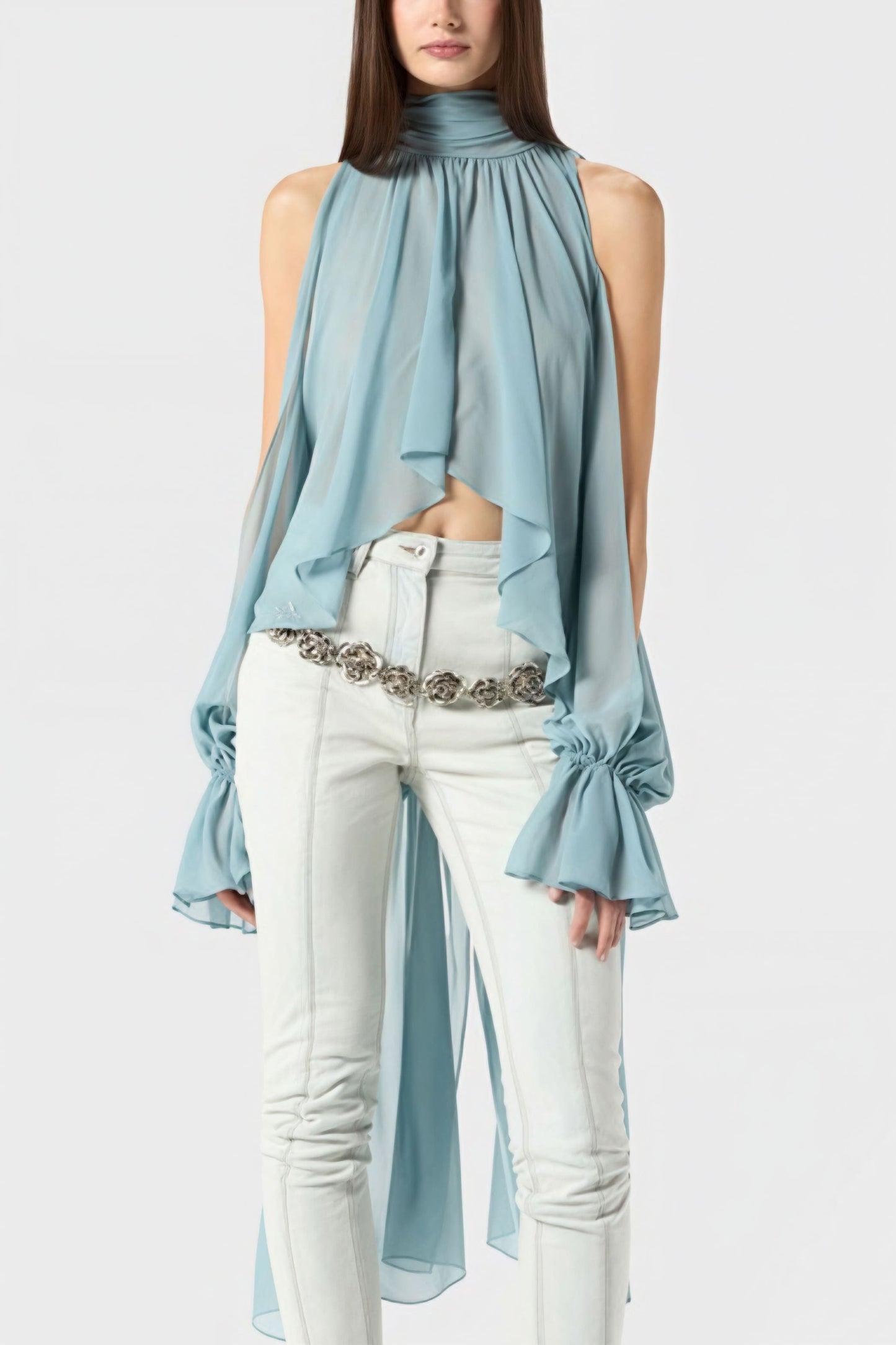 Blusa holgada con cuello irregular y tirantes halter de color liso