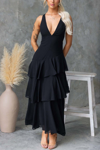 Solid Color V-neck Sleeveless Elegant Layered Maxi Dress