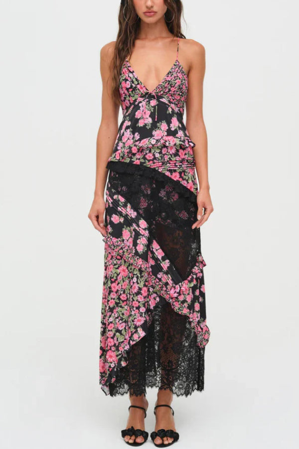 Fashionable Floral Print Lace Patchwork Hollow-out Slim Fit Vacation Ruffle Maxi Dress